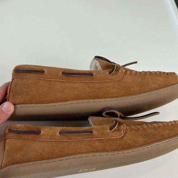 J.Crew Tan Leather Slippers Moccasin Faux Fur Lined Size 10 Men  Cozy - Picture 6 of 7